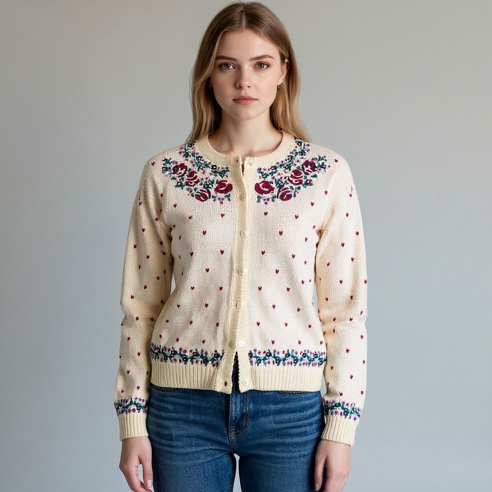 Cape Isle Knitters Vintage Hand Embroidered Floral Cardigan Cream Womens Large
